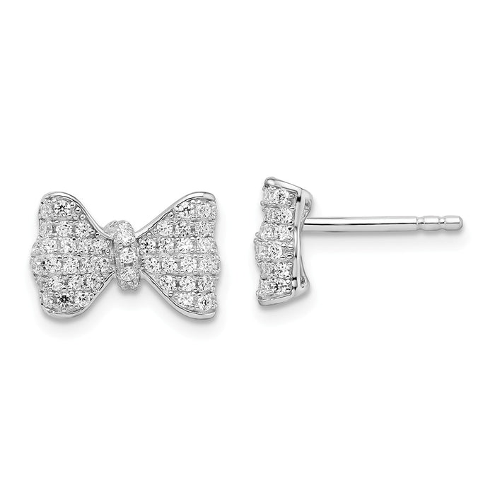 Million Charms 925 Sterling Silver Rhodium-Plated Cubic Zirconia ( CZ ) Brilliant Embers Bow Post Earrings, 13mm x 9mm
