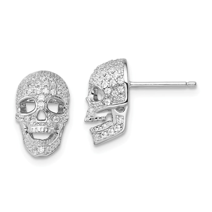 Million Charms 925 Sterling Silver Rhodium-Plated Cubic Zirconia ( CZ ) Brilliant Embers Polished Skull Post Earrings, 12mm x 9mm