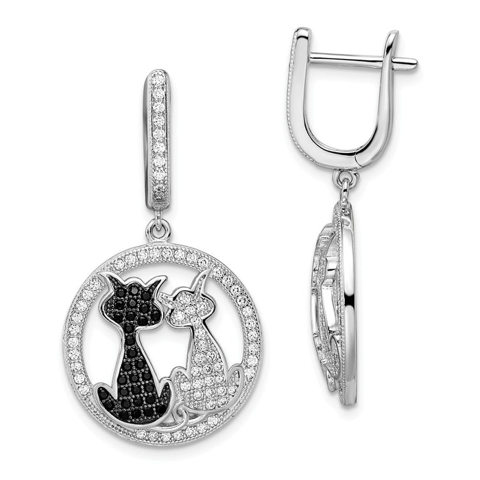 Million Charms 925 Sterling Silver Rhodium-Plated Cubic Zirconia ( CZ ) Brilliant Embers Cat Dangle Hinged Hoop Earrings, 36mm x 19mm