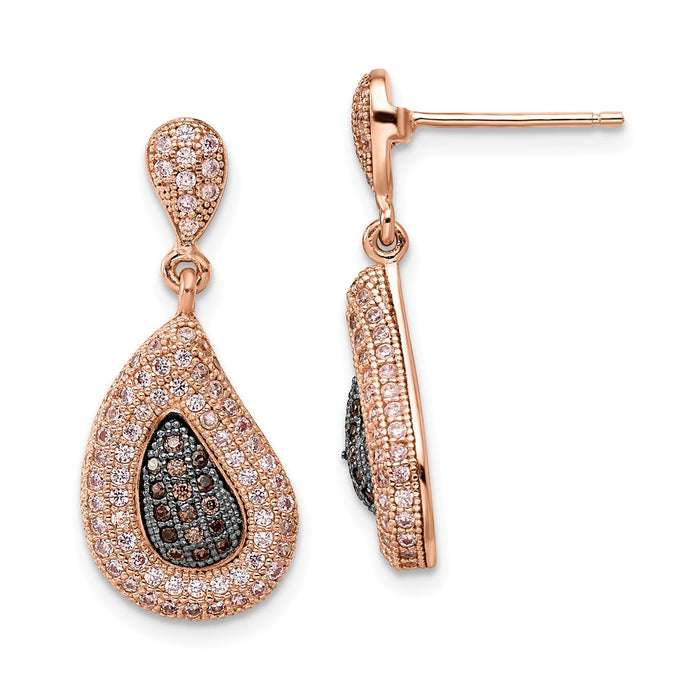 Million Charms 925 Sterling Silver Rose Gold-plated Cubic Zirconia ( CZ ) Brilliant Embers Dangle Post Earrings, 25mm x 11mm
