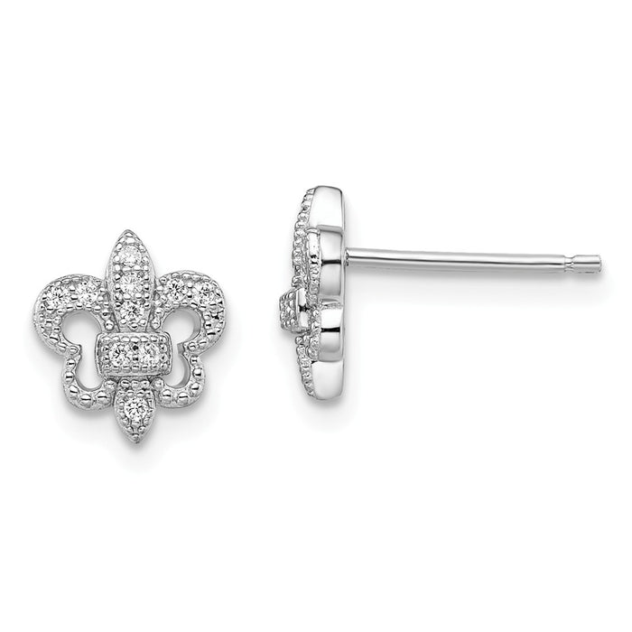 Million Charms 925 Sterling Silver Rhodium-Plated Cubic Zirconia ( CZ ) Brilliant Embers Fleur De Lis Post Earrings, 8mm x 10mm