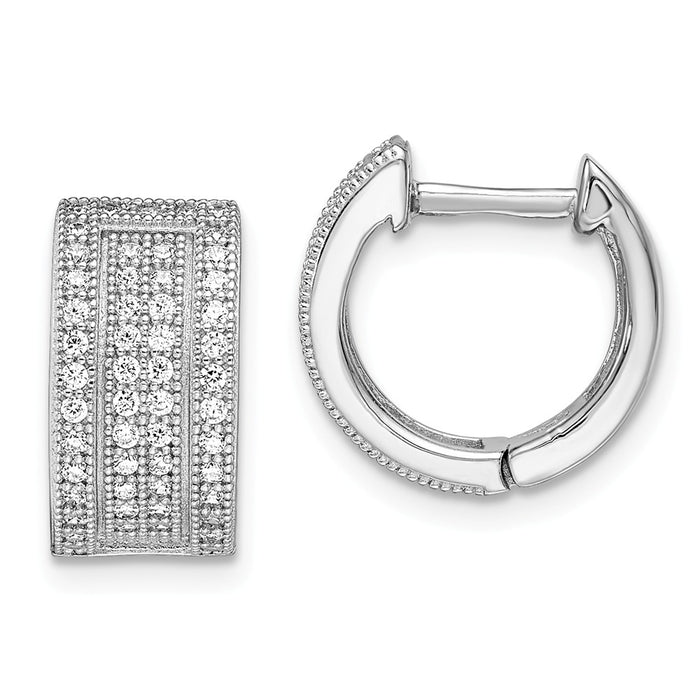 Million Charms 925 Sterling Silver Rhodium-Plated Cubic Zirconia ( CZ ) Brilliant Embers Hinged Hoop Earrings, 12mm x 14mm