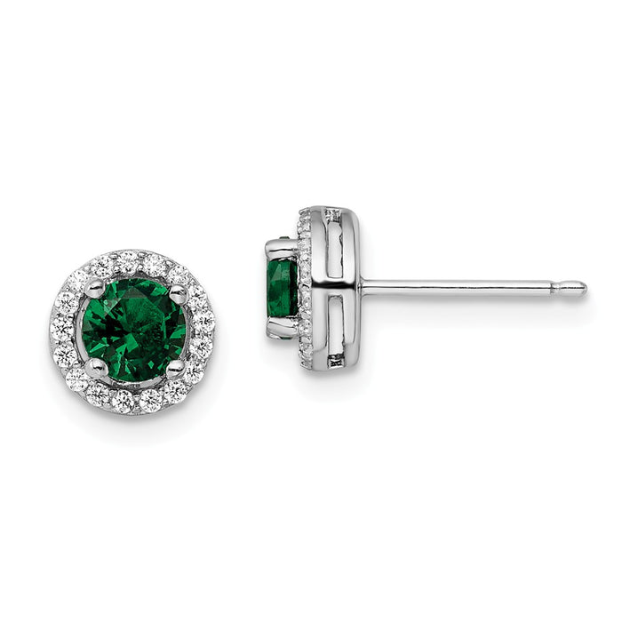 Million Charms 925 Sterling Silver Rhodium-Plated White & Green Cubic Zirconia ( CZ ) Brilliant Embers Earrings, 8mm x 8mm