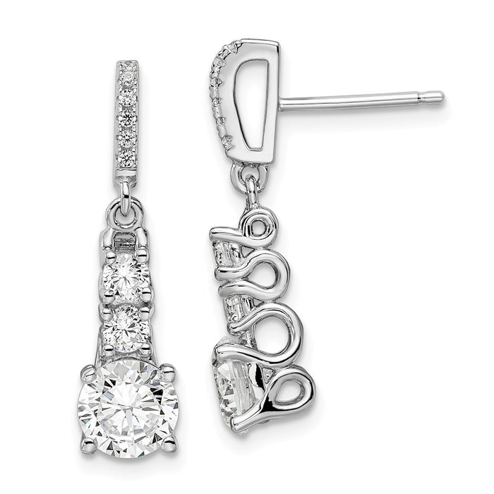 Million Charms 925 Sterling Silver Rhodium-Plated Cubic Zirconia ( CZ ) Brilliant Embers 3 Stone Dangle Post Earrings, 25mm x 8mm