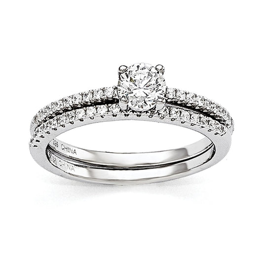 Brilliant Embers Jewelry Set - 925 Sterling Silver Rhodium-Plated Cubic Zirconia ( CZ ) Brilliant Embers 2 Piece Wedding Ring Set