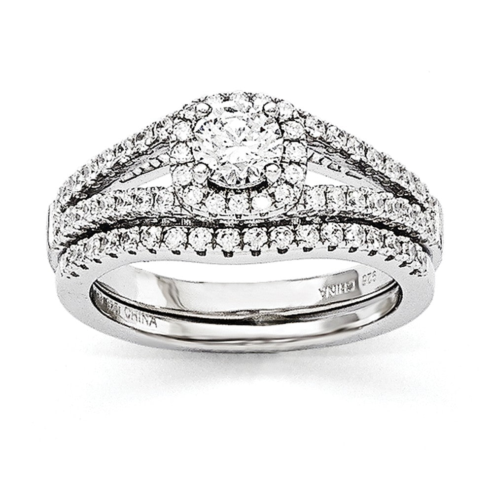 Brilliant Embers Jewelry Set - 925 Sterling Silver Rhodium-Plated Cubic Zirconia ( CZ ) Brilliant Embers 2 Piece Wedding Ring Set