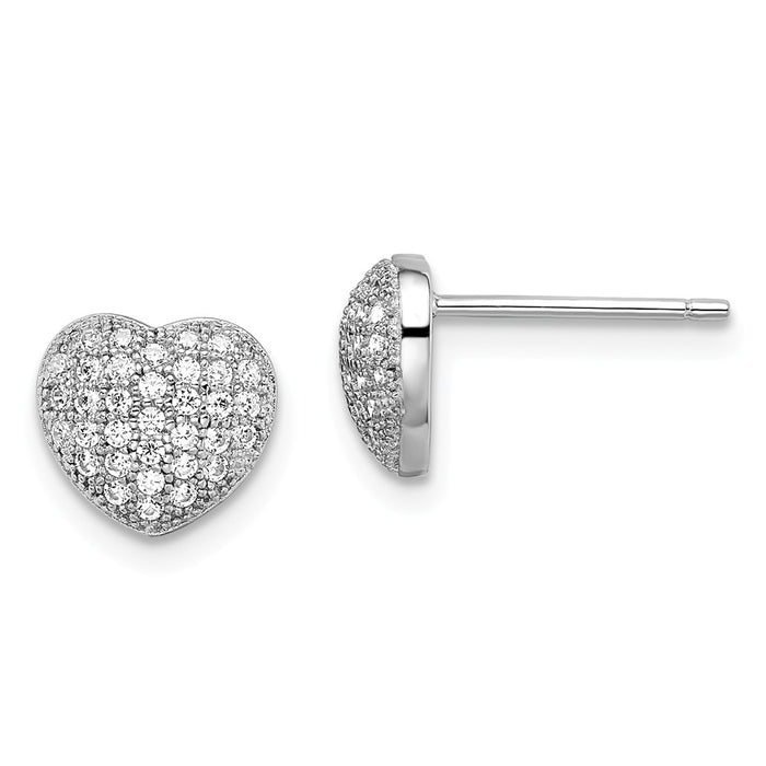 Million Charms 925 Sterling Silver Rhodium-Plated Cubic Zirconia ( CZ ) Brilliant Embers Heart Post Earrings, 7mm x 8mm