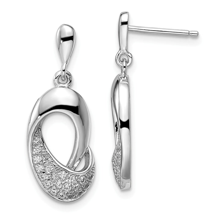 Million Charms 925 Sterling Silver Rhodium-Plated Cubic Zirconia ( CZ ) Brilliant Embers Dangle Post Earrings, 23mm x 10mm