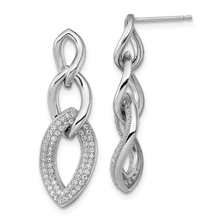 Million Charms 925 Sterling Silver Rhodium-Plated Cubic Zirconia ( CZ ) Brilliant Embers Dangle Post Earrings, 29mm x 10mm