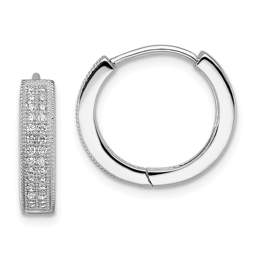 Million Charms 925 Sterling Silver Rhodium-Plated Cubic Zirconia ( CZ ) Brilliant Embers Hinged Hoop Earrings, 12mm x 3mm