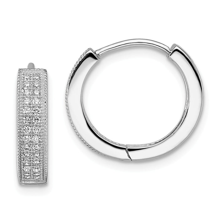 Million Charms 925 Sterling Silver Rhodium-Plated Cubic Zirconia ( CZ ) Brilliant Embers Hinged Hoop Earrings, 12mm x 3mm