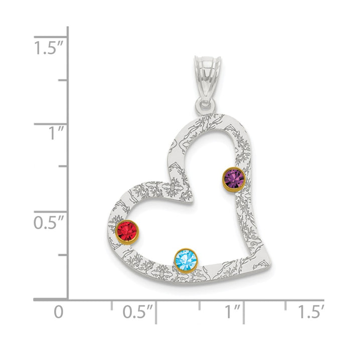 Million Charms 925 Sterling Silver Rhodium-Plated/14K Bezel Crystal Family Heart Pendant