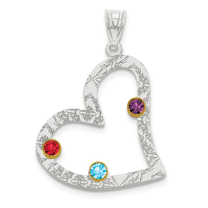 Million Charms 925 Sterling Silver Rhodium-Plated/14K Bezel Crystal Family Heart Pendant