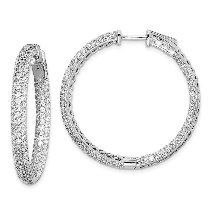 Million Charms 925 Sterling Silver Rhodium-Plated Pav‚ 1.4in Diameter Cubic Zirconia ( CZ ) In & Out Hoop Earrings, 33mm x 4mm