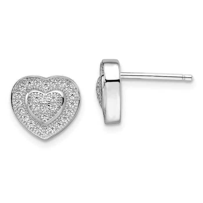 Million Charms 925 Sterling Silver Rhodium-Plated Cubic Zirconia ( CZ ) Brilliant Embers Heart Post Earrings, 10mm x 9mm