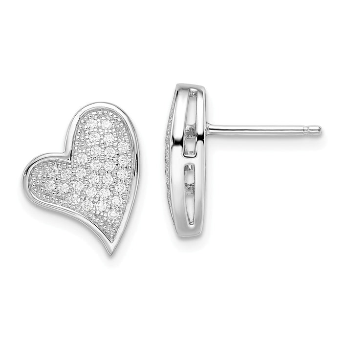 Million Charms 925 Sterling Silver Rhodium-Plated Cubic Zirconia ( CZ ) Brilliant Embers Heart Post Earrings, 11mm x 14mm