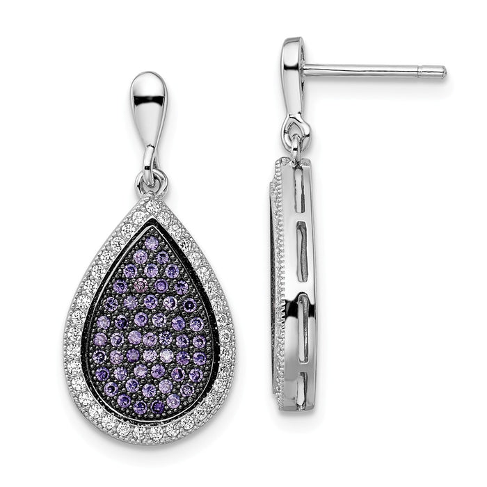 Million Charms 925 Sterling Silver Rhodium-Plated Cubic Zirconia ( CZ ) Brilliant Embers Dangle Post Earrings, 27mm x 13mm