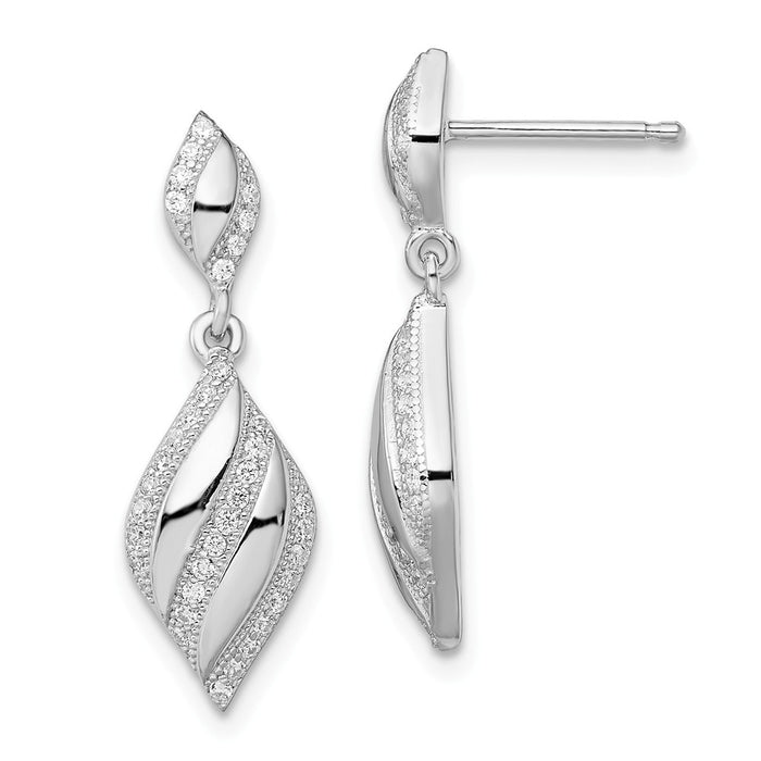 Million Charms 925 Sterling Silver Rhodium-Plated Cubic Zirconia ( CZ ) Brilliant Embers Dangle Post Earrings, 26mm x 9mm