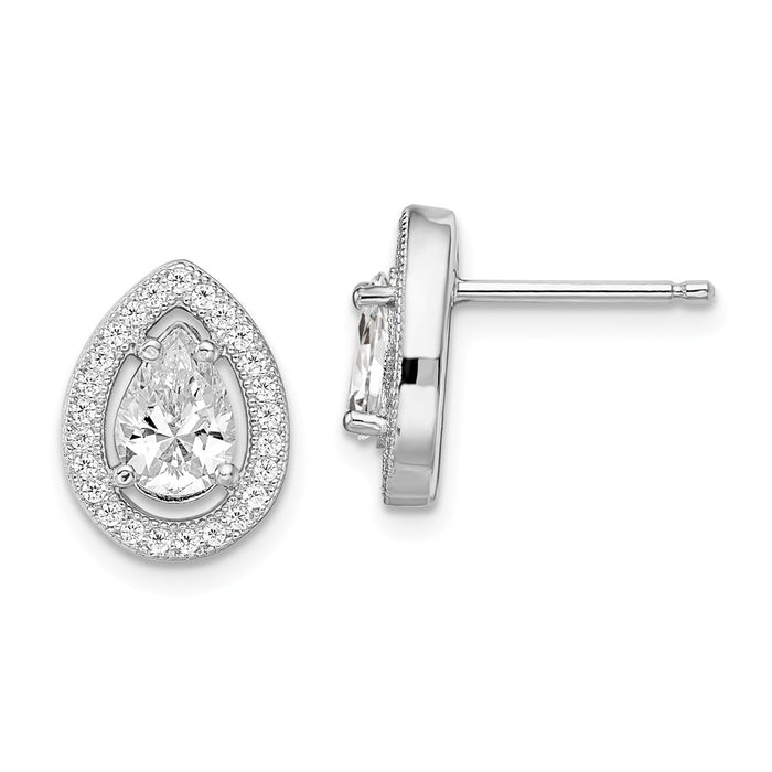 Million Charms 925 Sterling Silver Rhodium-Plated Cubic Zirconia ( CZ ) Brilliant Embers Teardrop Post Earrings, 9mm x 13mm