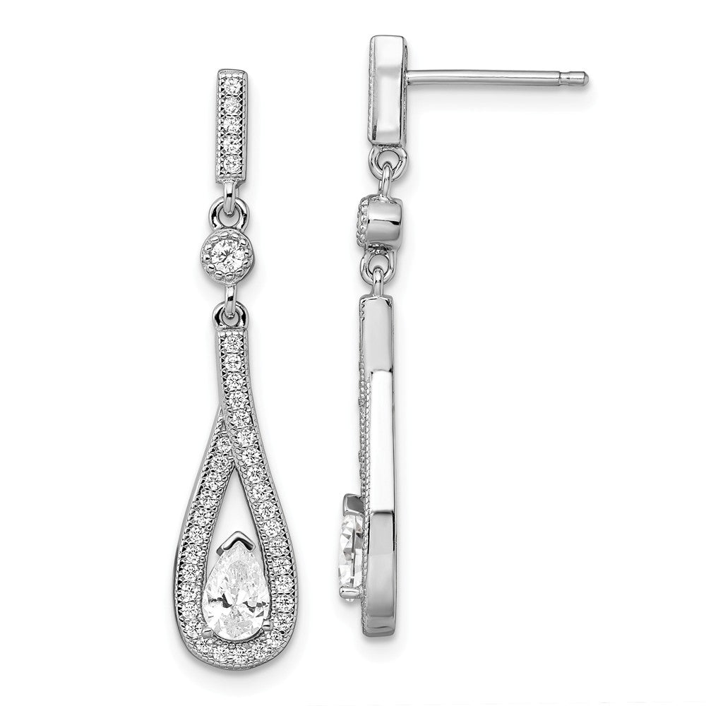 Million Charms 925 Sterling Silver Rhodium-Plated Cubic Zirconia ( CZ ) Brilliant Embers Teardrop Dangle Post Earrings, 35mm x 7mm