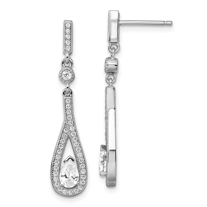 Million Charms 925 Sterling Silver Rhodium-Plated Cubic Zirconia ( CZ ) Brilliant Embers Teardrop Dangle Post Earrings, 35mm x 7mm