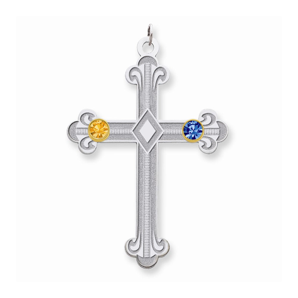 Million Charms 925 Sterling Silver Rh-Plt/14K Bezel Crystal Family Relgious Cross Pendant