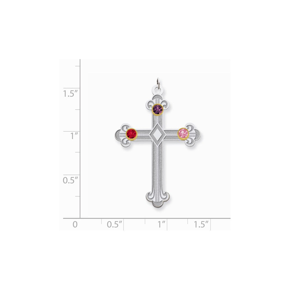 Million Charms 925 Sterling Silver Rh-Plt/14K Bezel Crystal Family Relgious Cross Pendant