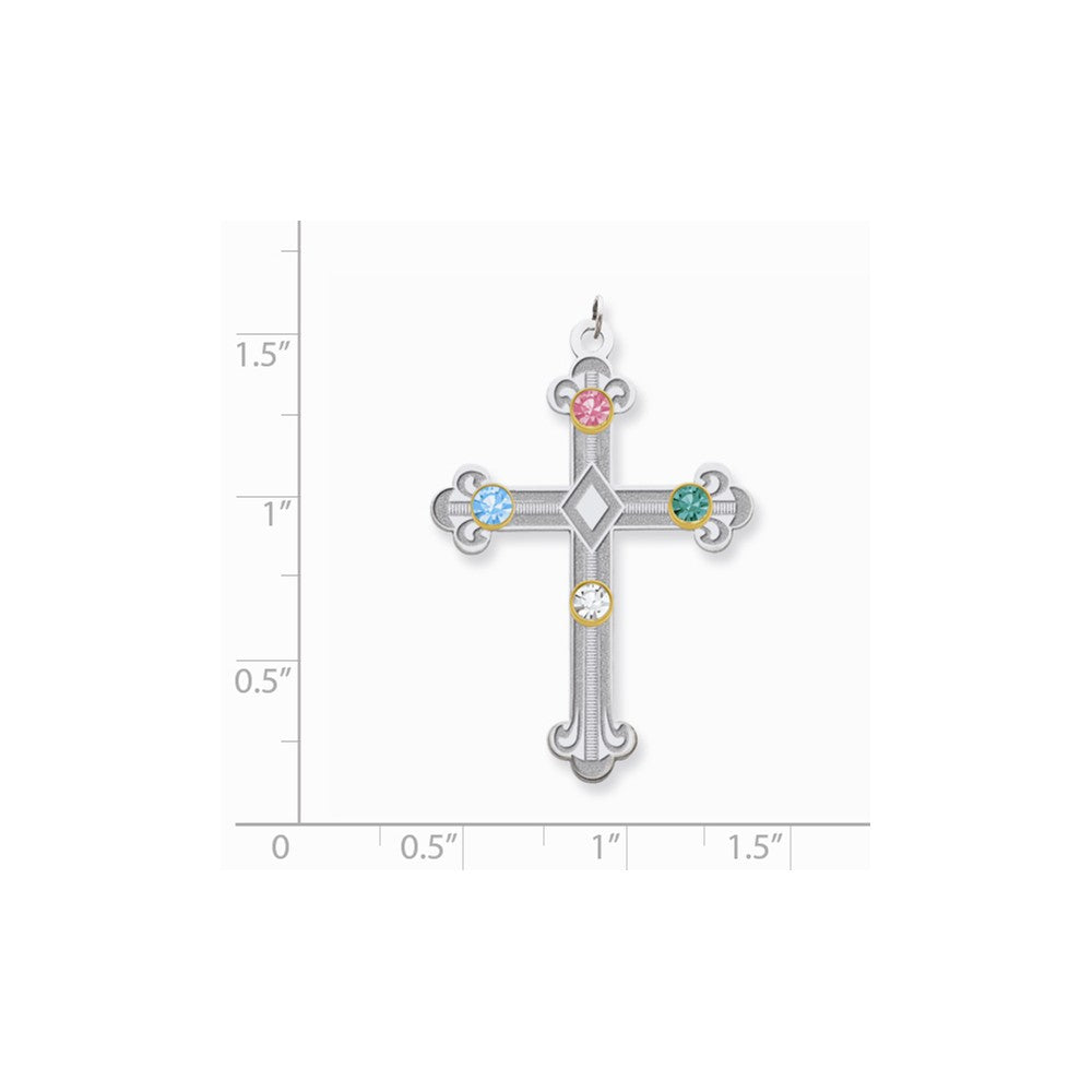 Million Charms 925 Sterling Silver Rh-Plt/14K Bezel Crystal Family Relgious Cross Pendant