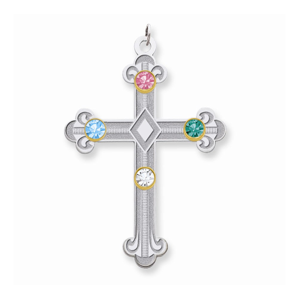 Million Charms 925 Sterling Silver Rh-Plt/14K Bezel Crystal Family Relgious Cross Pendant