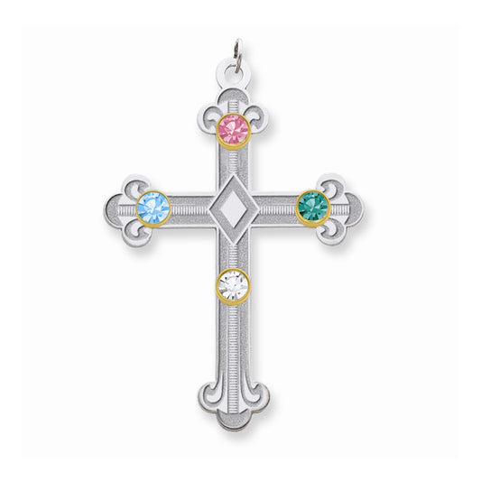 Million Charms 925 Sterling Silver Rh-Plt/14K Bezel Crystal Family Relgious Cross Pendant