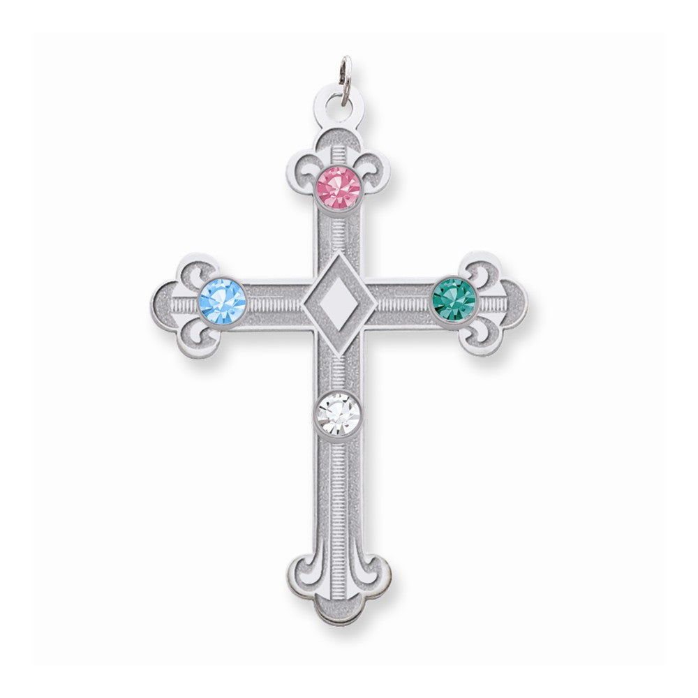 Million Charms 925 Sterling Silver Rh-Plt Crystal Family Relgious Cross Pendant