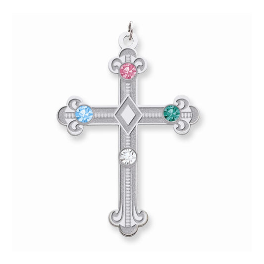 Million Charms 925 Sterling Silver Rh-Plt Crystal Family Relgious Cross Pendant