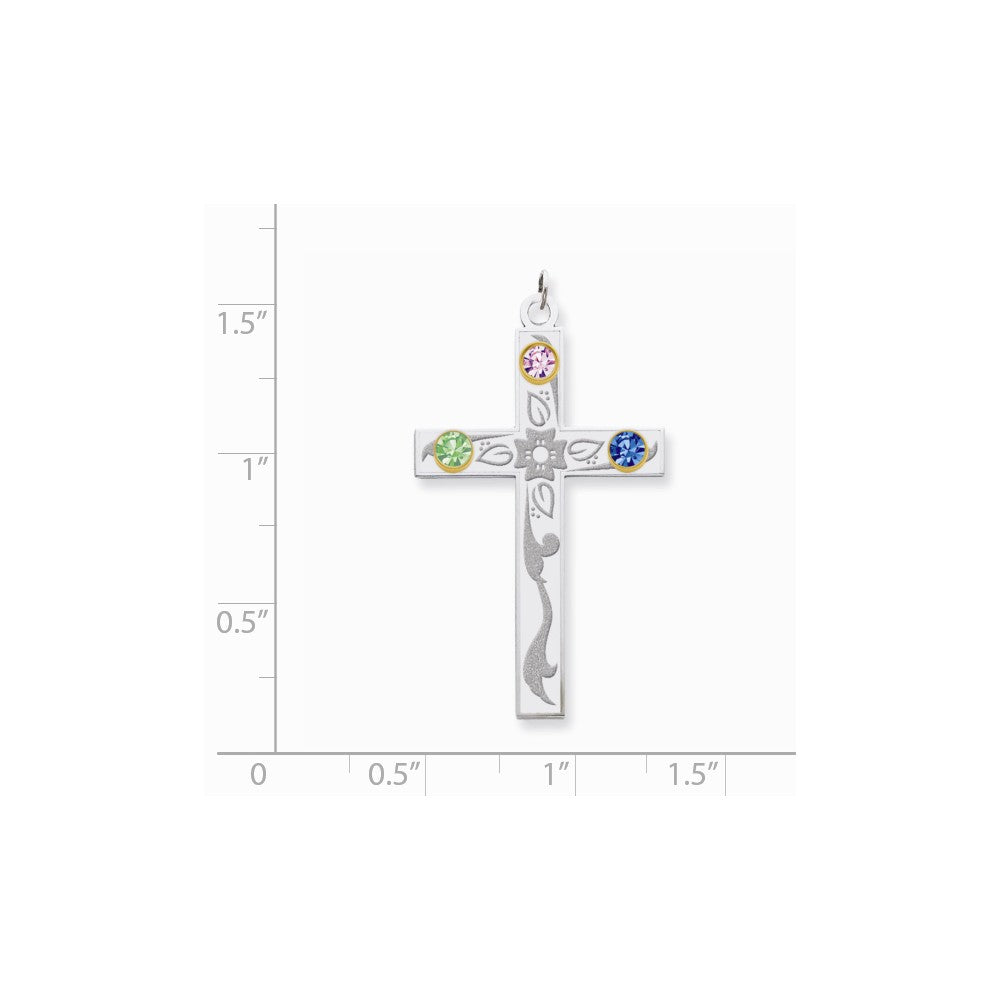 Million Charms 925 Sterling Silver Rh-Plt/14K Bezel Crystal Family Relgious Cross Pendant
