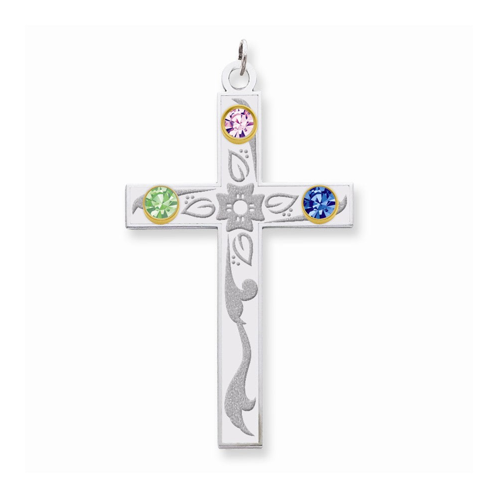 Million Charms 925 Sterling Silver Rh-Plt/14K Bezel Crystal Family Relgious Cross Pendant
