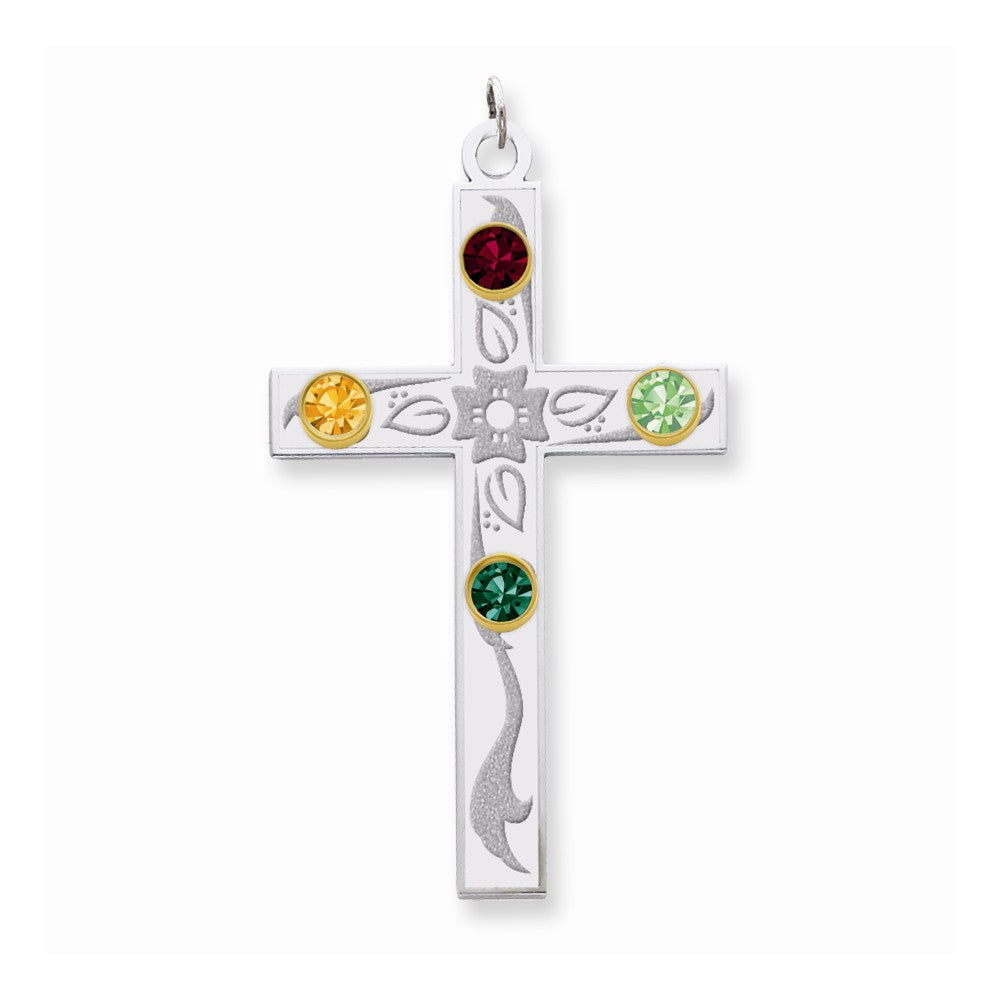 Million Charms 925 Sterling Silver Rh-Plt/14K Bezel Crystal Family Relgious Cross Pendant