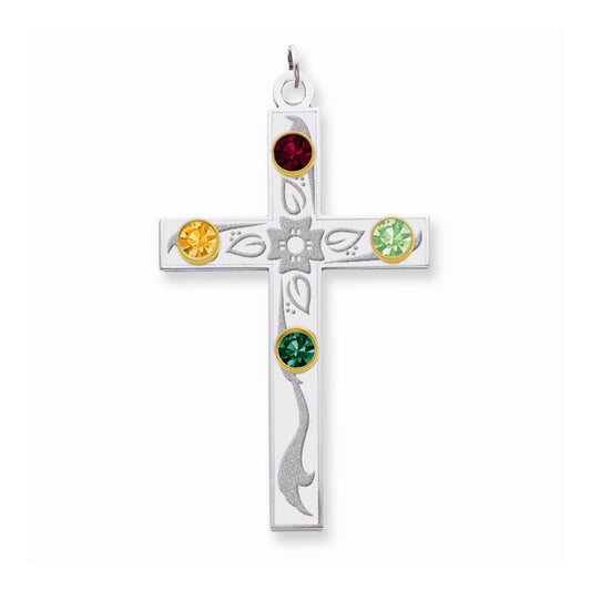 Million Charms 925 Sterling Silver Rh-Plt/14K Bezel Crystal Family Relgious Cross Pendant