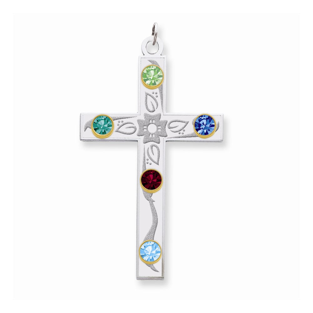 Million Charms 925 Sterling Silver Rh-Plt/14K Bezel Crystal Family Relgious Cross Pendant