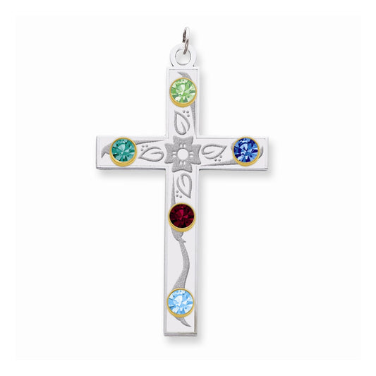 Million Charms 925 Sterling Silver Rh-Plt/14K Bezel Crystal Family Relgious Cross Pendant