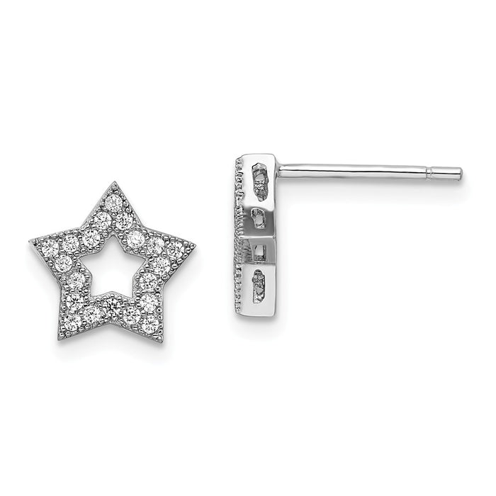 Million Charms 925 Sterling Silver Rhodium-Plated Cubic Zirconia ( CZ ) Brilliant Embers Star Post Earrings, 9mm x 9mm