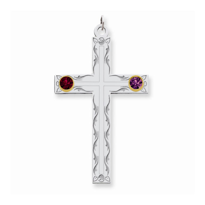 Million Charms 925 Sterling Silver Rh-Plt/14K Bezel Crystal Family Relgious Cross Pendant