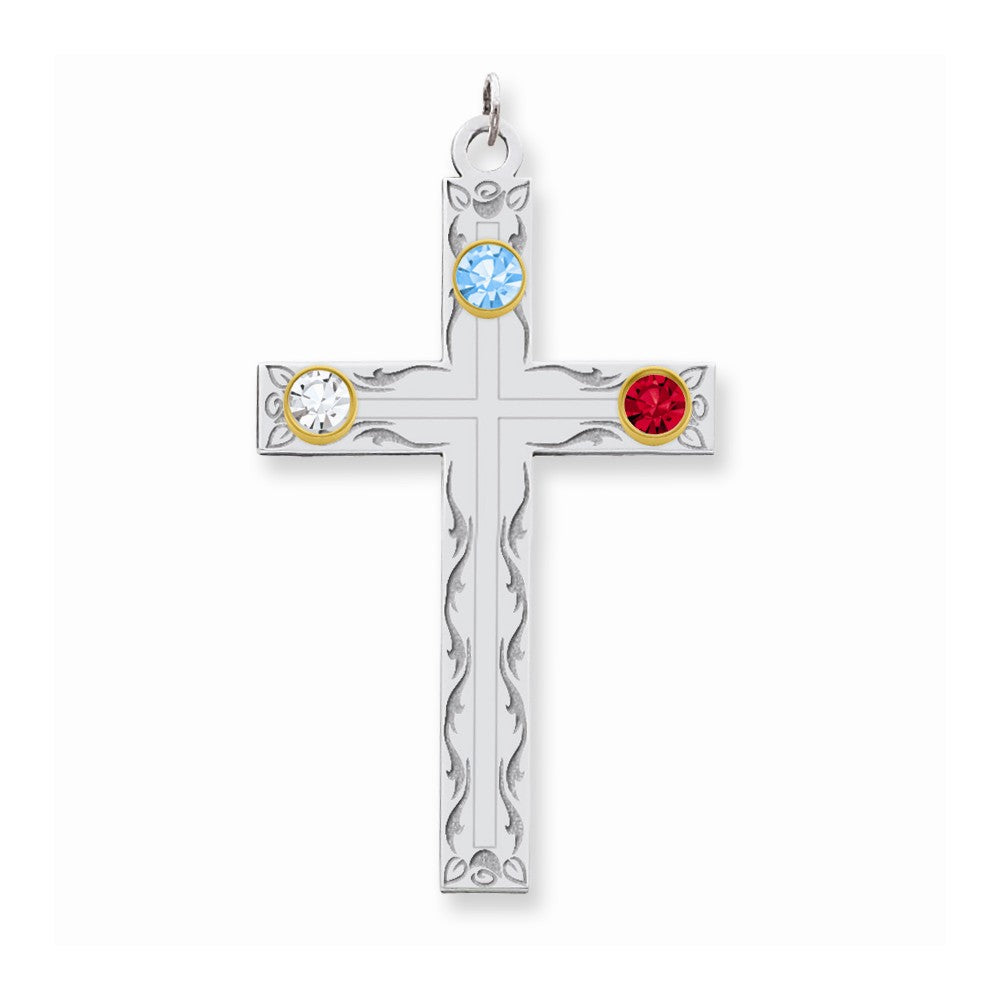 Million Charms 925 Sterling Silver Rh-Plt/14K Bezel Crystal Family Relgious Cross Pendant
