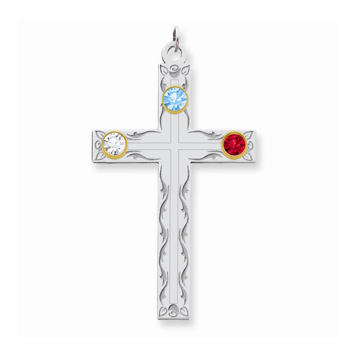 Million Charms 925 Sterling Silver Rh-Plt/14K Bezel Crystal Family Relgious Cross Pendant