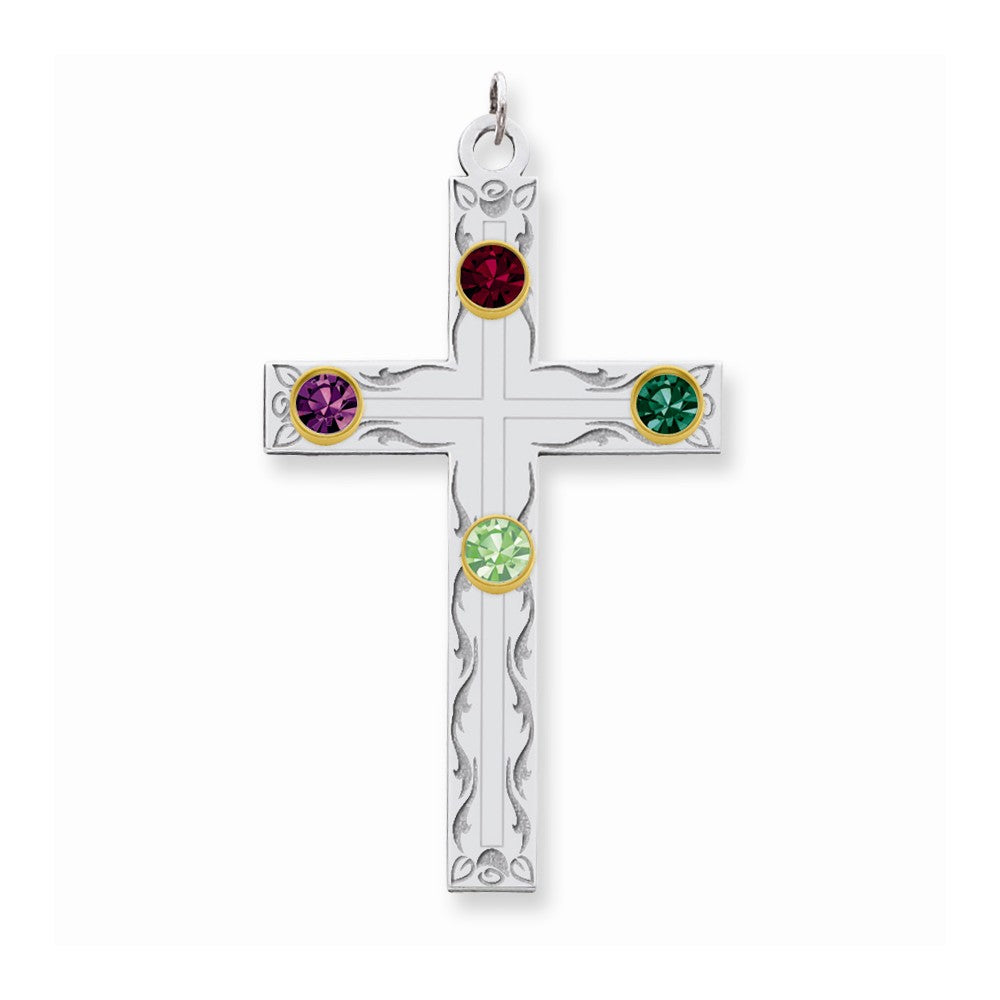 Million Charms 925 Sterling Silver Rh-Plt/14K Bezel Crystal Family Relgious Cross Pendant