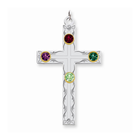 Million Charms 925 Sterling Silver Rh-Plt/14K Bezel Crystal Family Relgious Cross Pendant