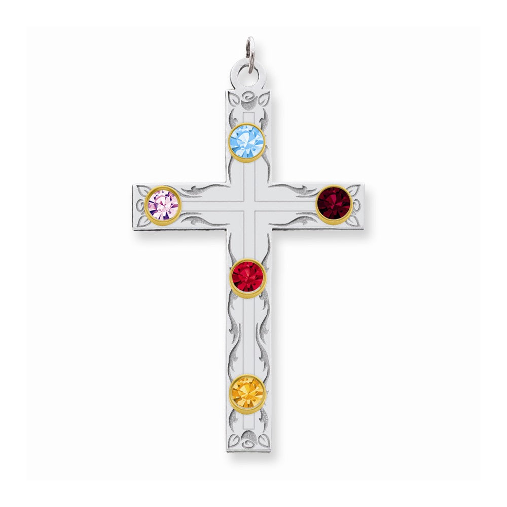 Million Charms 925 Sterling Silver Rh-Plt/14K Bezel Crystal Family Relgious Cross Pendant