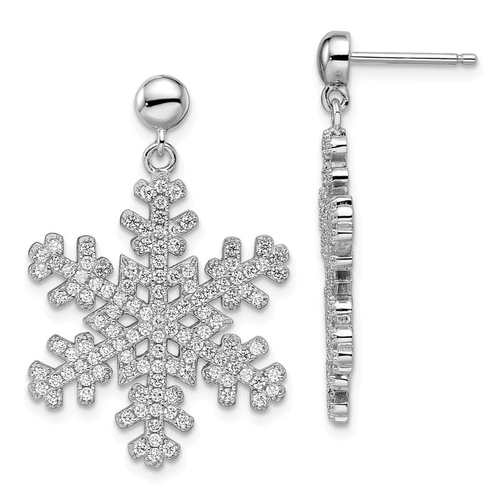 Million Charms 925 Sterling Silver Rhodium-Plated Cubic Zirconia ( CZ ) Brilliant Embers Snowflake Dangle Post Earrings, 31mm x 22mm