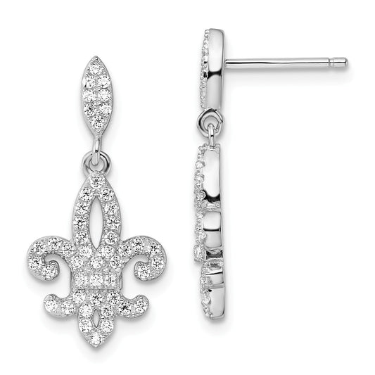 Million Charms 925 Sterling Silver Rhodium-Plated Cubic Zirconia ( CZ ) Brilliant Embers Fleur De Lis Post Earrings, 25mm x 12mm