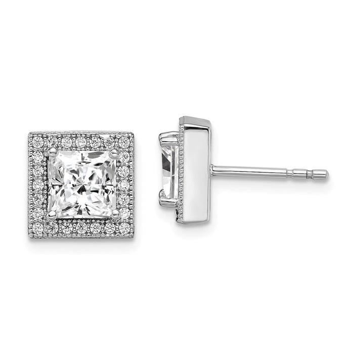 Million Charms 925 Sterling Silver Rhodium-Plated & Cubic Zirconia ( CZ ) Brilliant Embers Square Post Earrings, 10mm x 10mm