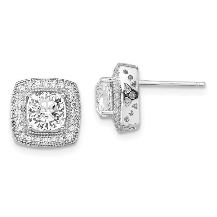 Million Charms 925 Sterling Silver Rhodium-Plated & Cubic Zirconia ( CZ ) Brilliant Embers Post Earrings, 11mm x 11mm