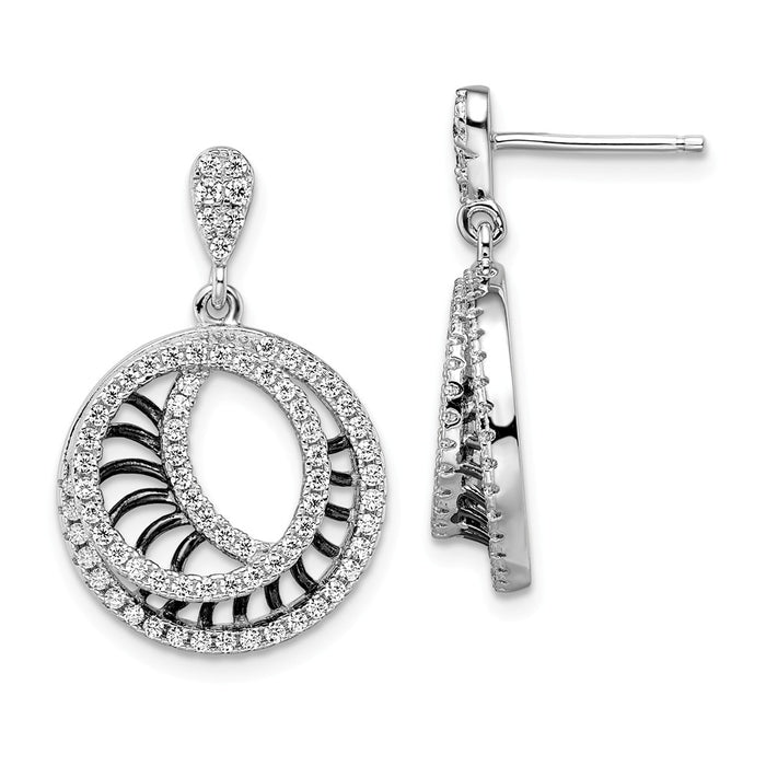 Million Charms 925 Sterling Silver Rhodium-Plated Black Cubic Zirconia ( CZ ) Brilliant Embers Polished Circle Earrings, 26mm x 17mm